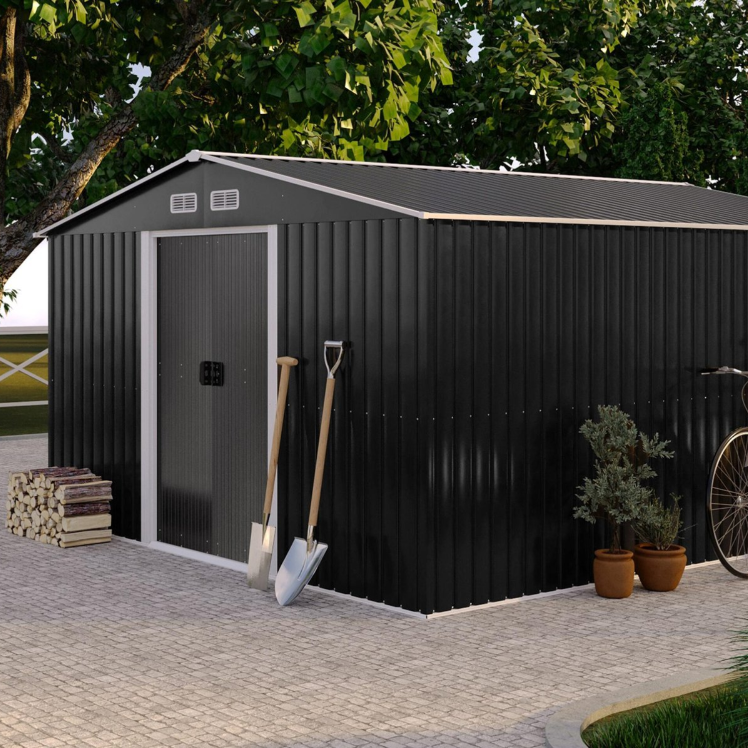 Caseta de jardín de acero galvanizado gris, 12,5 m²