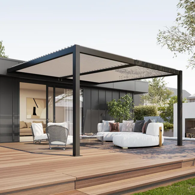 Pérgola bioclimática adosada 4 x 3 m de aluminio con lamas orientables, gris antracita