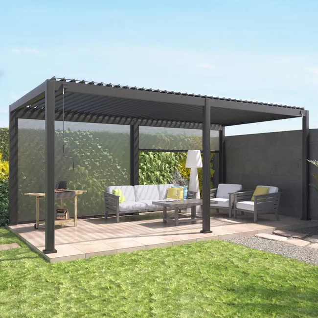 Pérgola bioclimática Triomphe 6 x 3 m gris antracita con lamas orientables y 2 toldos de 3 m
