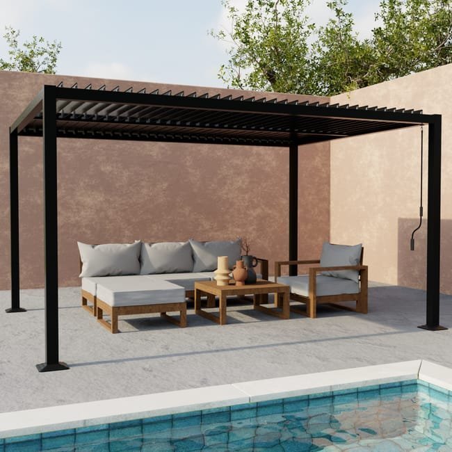 Pérgola bioclimática Palace 4 x 3 m negra de aluminio y acero con lamas orientables