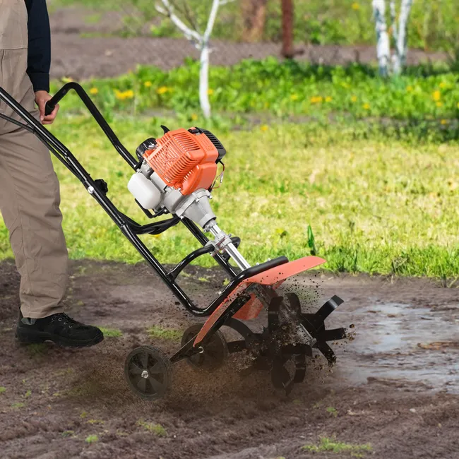 VEVOR Motobineuse Thermique à motor Essence 31CC à 4 Temps avec 4 Dents Avant Réglables en Grandes Roues Installation Facile Cultivateur pour Potager - Miniature 2