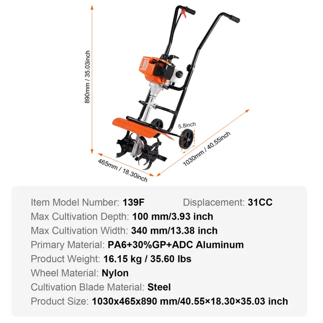 VEVOR Motobineuse Thermique à motor Essence 31CC à 4 Temps avec 4 Dents Avant Réglables en Grandes Roues Installation Facile Cultivateur pour Potager - Miniature 3
